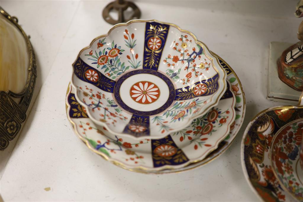 A group of Worcester, Newhall etc Japan pattern dessert wares and tea cup, a pearlware figure of Diana the Huntress and a blue and whit